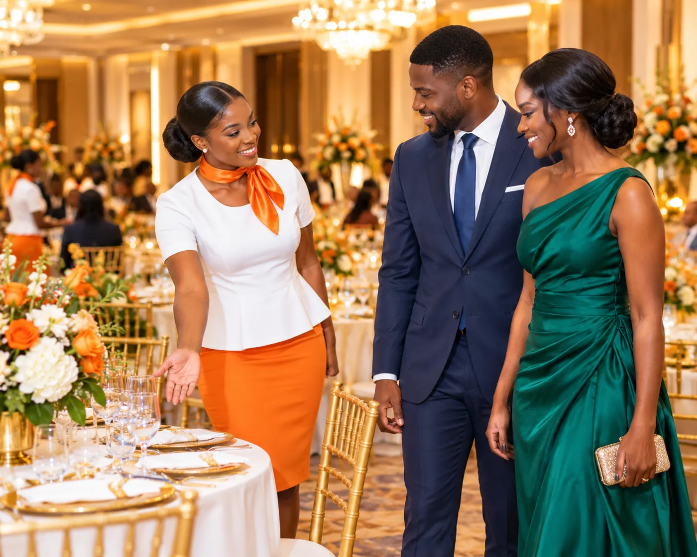 Usher guiding a couple to their table at a gala dinner